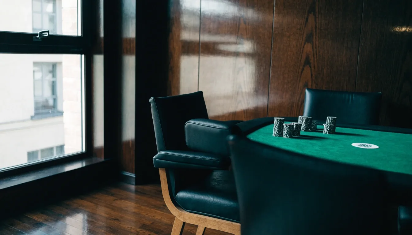 Detail of a poker table felt with face-down cards and stacks of chips under side light