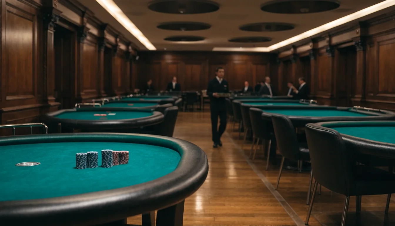Půdorysné schéma rozestavení pokerových stolů a uliček v herní zóně