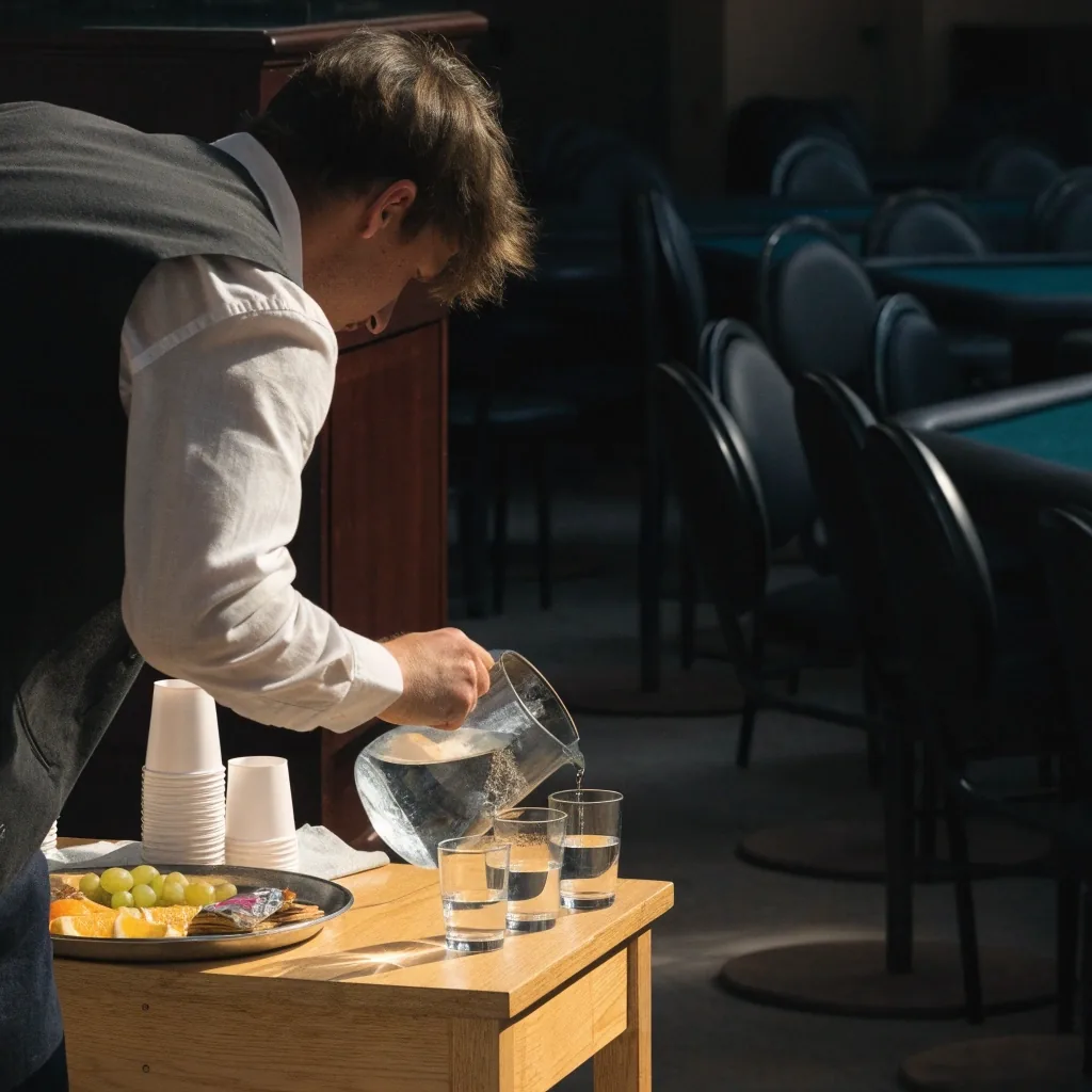 Přestávka mezi bloky hry: hosté se sklenicí vody u servisního stolku v sále