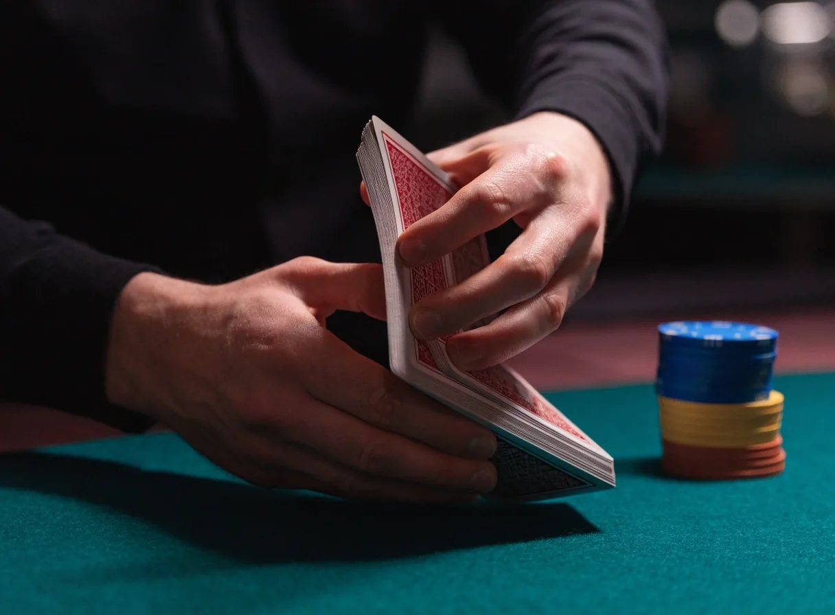 Ruce rozdávajícího při míchání karet na pokerovém stole