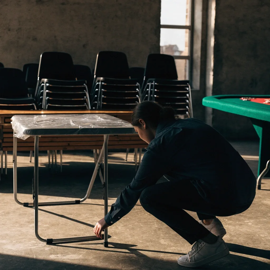 Čtvercový půdorys sálu s vyznačeným vstupem a stoly