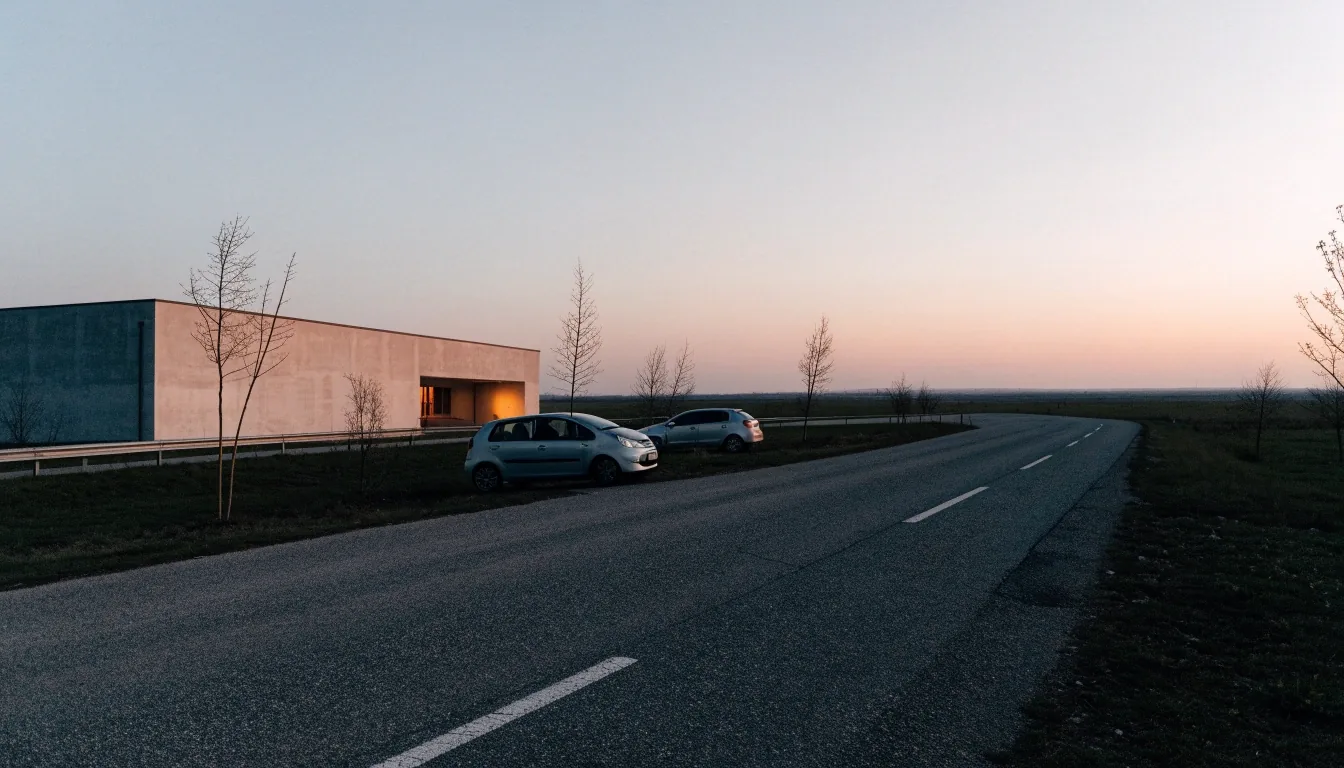 Příjezd k sálu Gumtree Harbour na okraji Brna-Modřic za soumraku