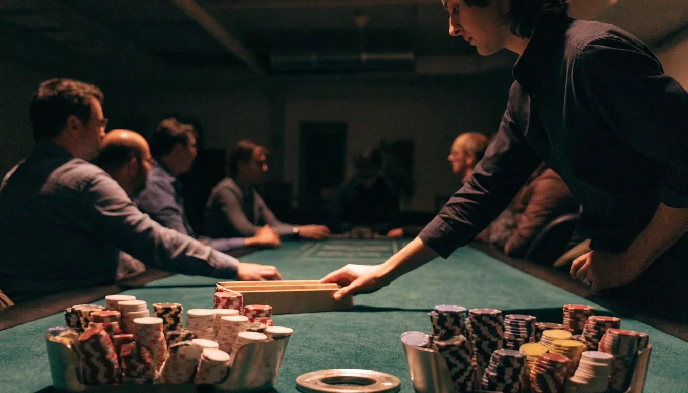 Vyhrazený pokerový prostor v sále Gumtree Harbour, prázdné stoly se žetony u dealera