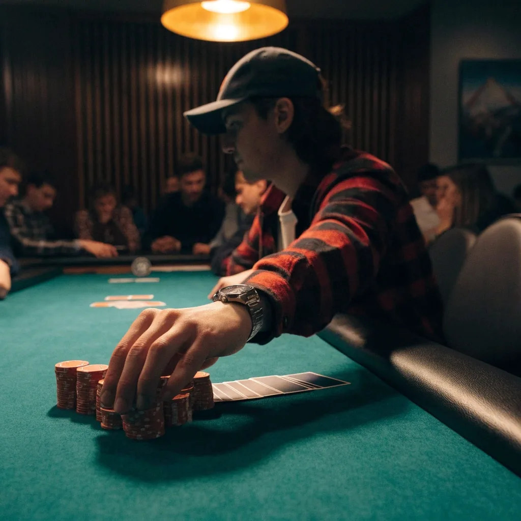 Pokerový stůl v prázdném sále pod bočním světlem zleva