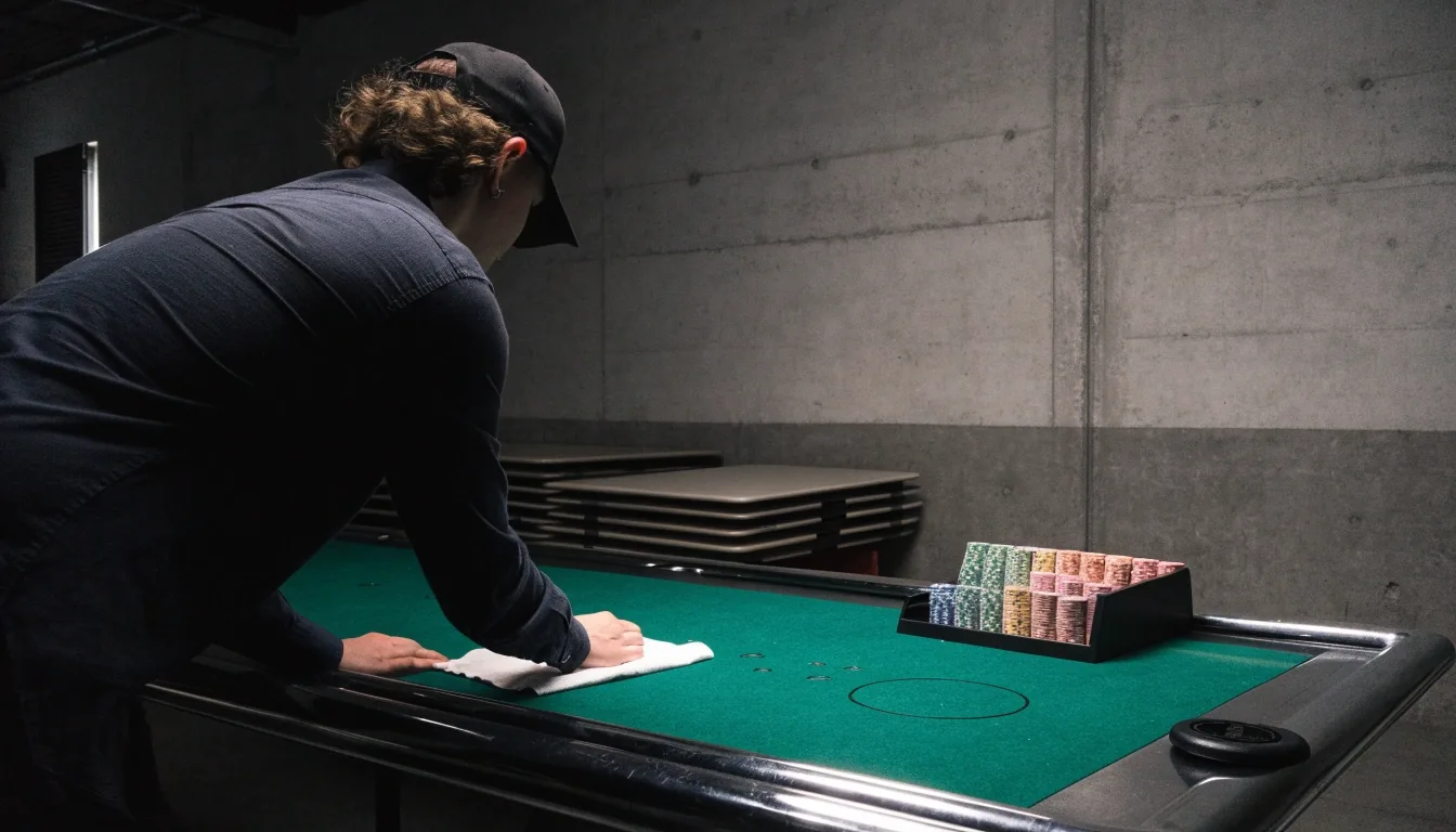 Prázdné pokerové stoly v betonovém sále Gumtree Harbour před večerním provozem