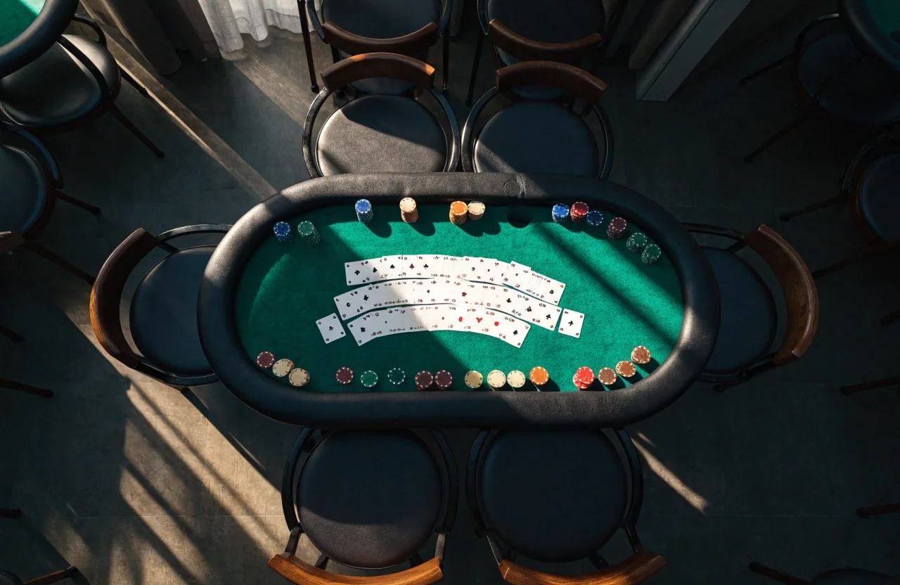 Pohled na pokerový stůl shora s rozloženými kartami a sloupky žetonů
