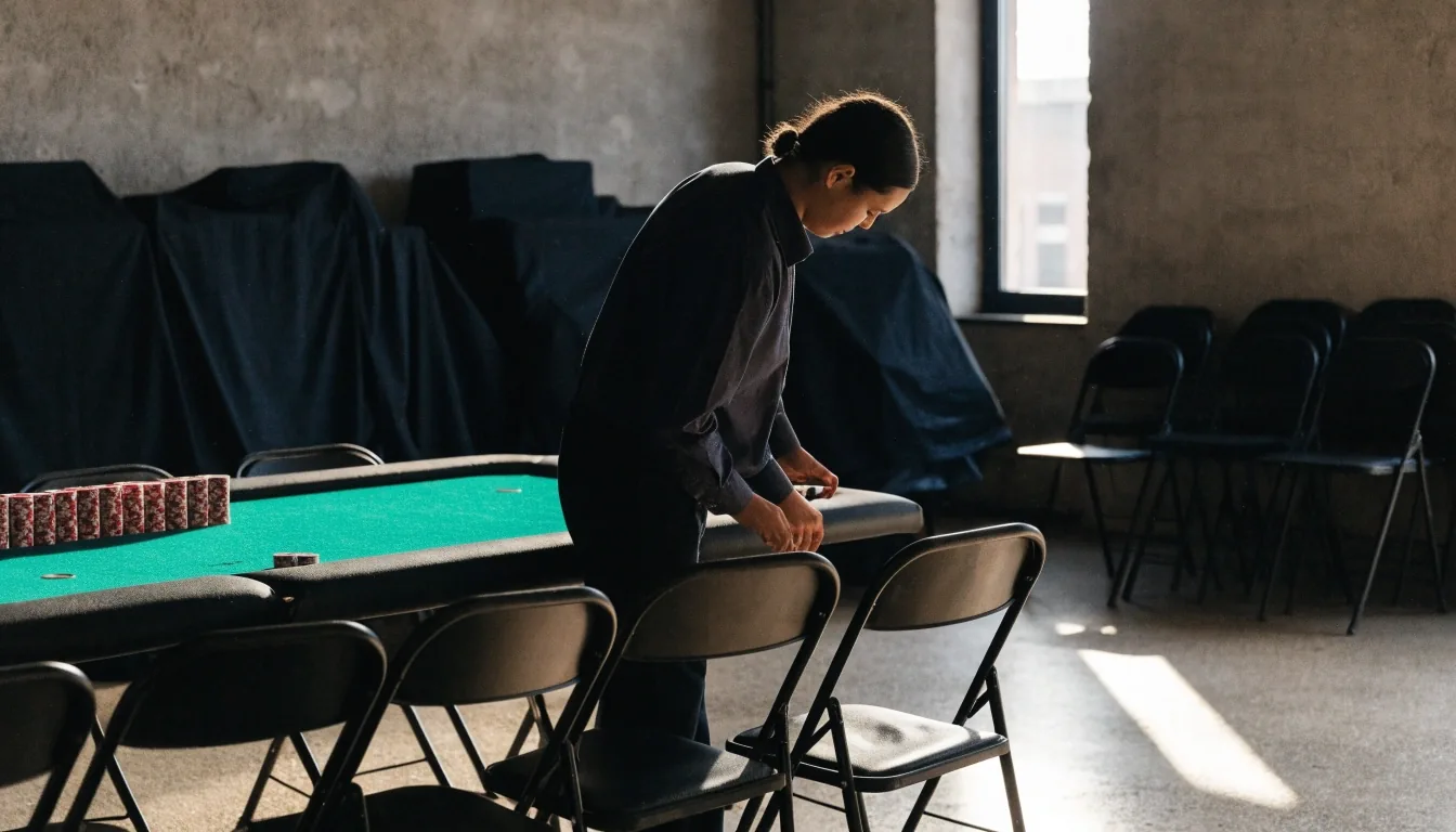 Prázdný sál s pokerovými stoly a složenými židlemi v jednosměrném světle