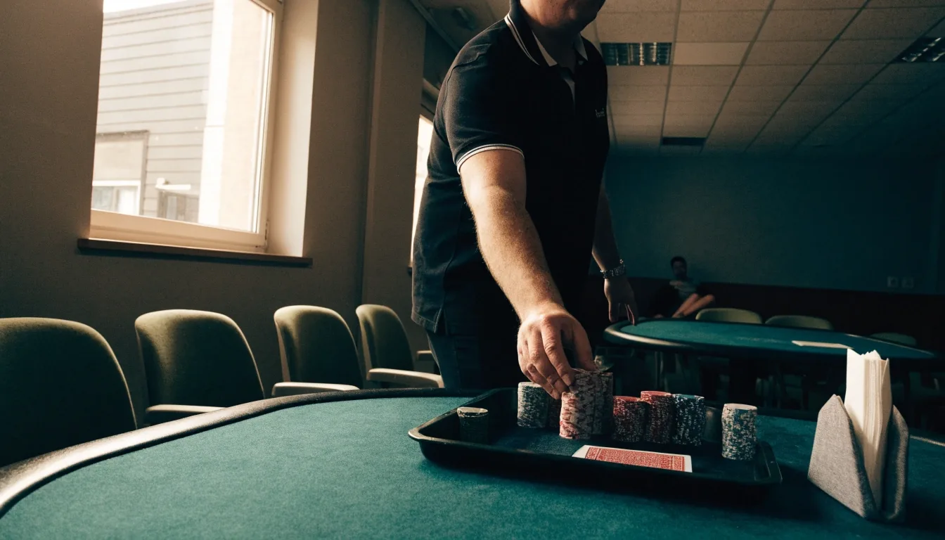 Feltový stůl s rozloženými kartami a sloupcem žetonů